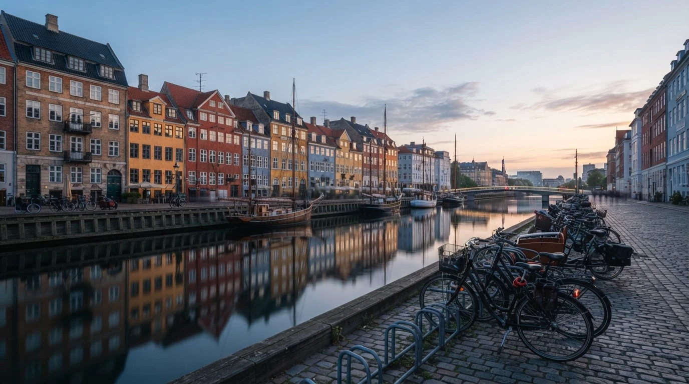 Copenhagen harbour in the morning with bicycles and colourful houses along the water (generated image)