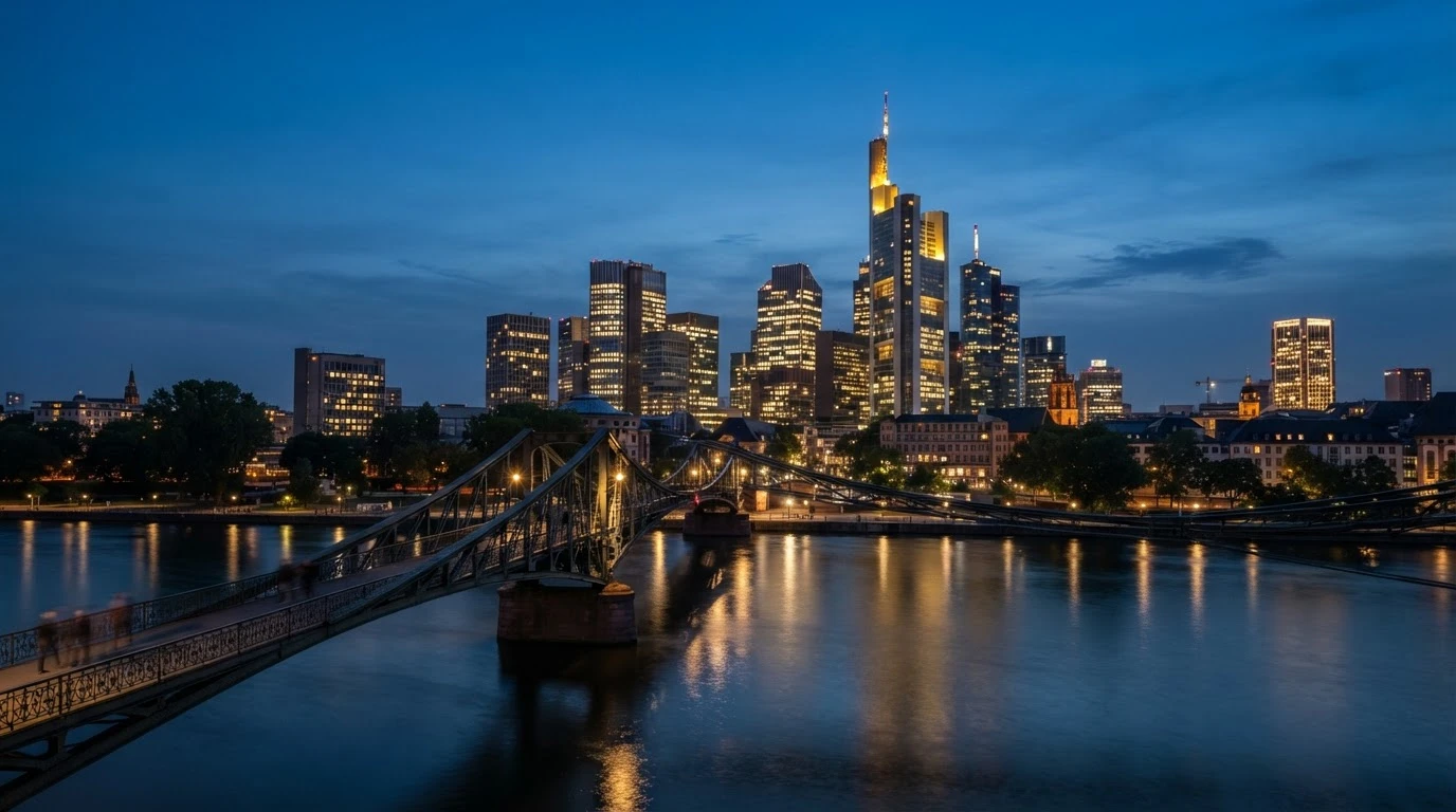 Frankfurt skyline at dusk seen across the river Main (generated image)