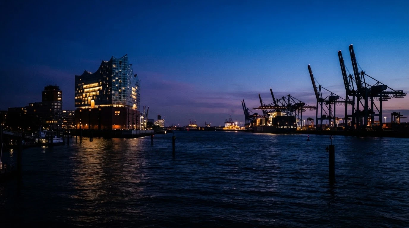 Hamburg harbour at blue hour with the Elbphilharmonie and container cranes (generated image)
