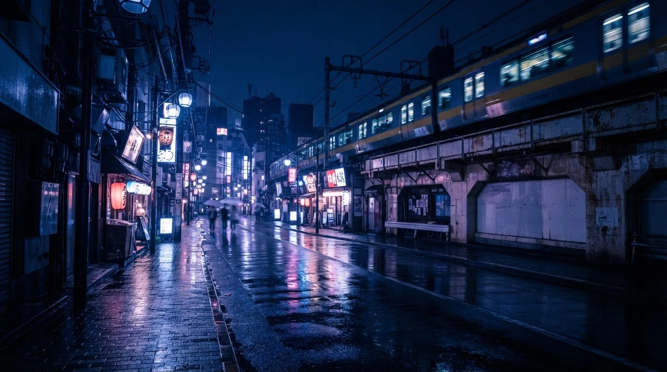 A Tokyo side street at night after rain, a train passing on an elevated track (generated image)
