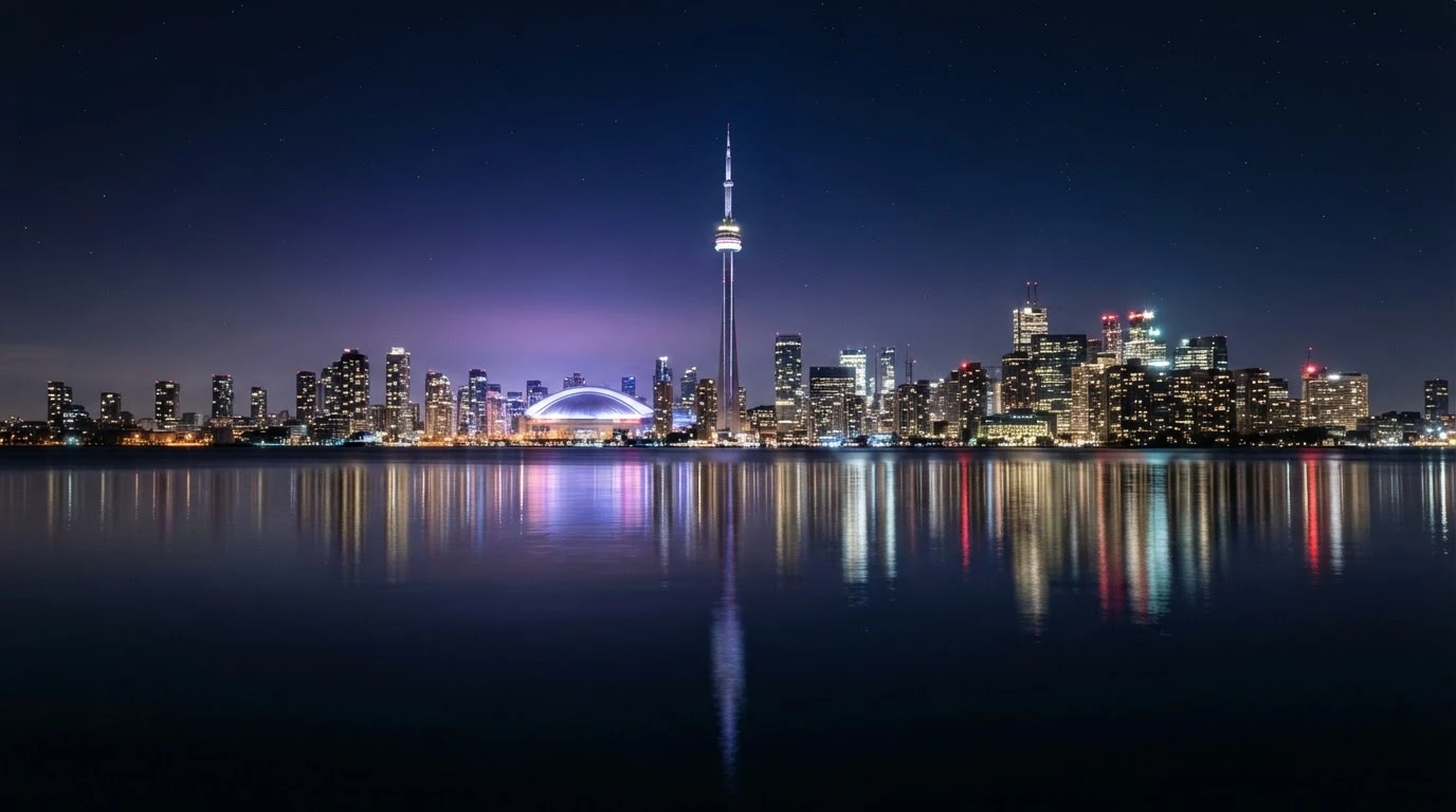 Toronto skyline at night with the CN Tower, seen from the lake (generated image)