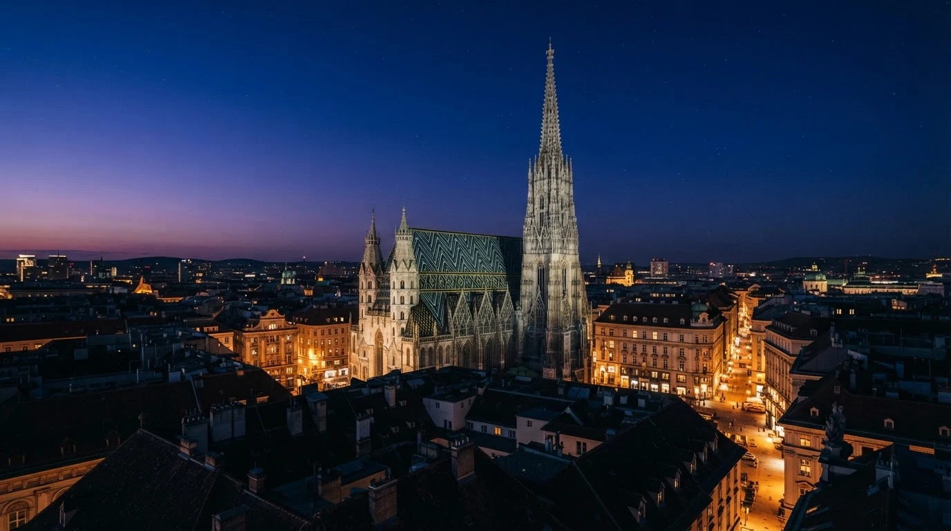 Vienna at dusk over the rooftops with St. Stephen's Cathedral (generated image)